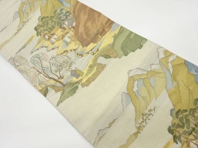 リサイクル　柳に人物・民家風景模様織出し袋帯